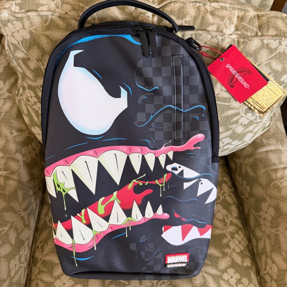 Sprayground Marvel Venom Shark Backpack Mens Womens Black Checkered Graphic Bag